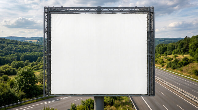 Mockup hiperrealista de un gran cartel publicitario de carretera completamente en blanco, preparado para insertar cualquier dise&ntilde;o o imagen publicitaria.