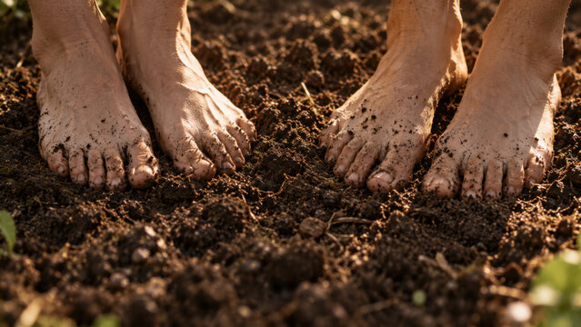 Bare feet on soil show 1 on 1 connection with nature as breathwork facilitator encourages grounding and mindfulness in this earthy moment