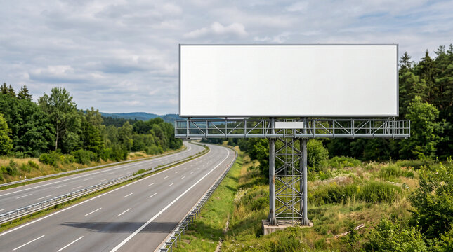 Mockup hiperrealista de un gran cartel publicitario de carretera completamente en blanco, preparado para insertar cualquier dise&ntilde;o o imagen publicitaria.