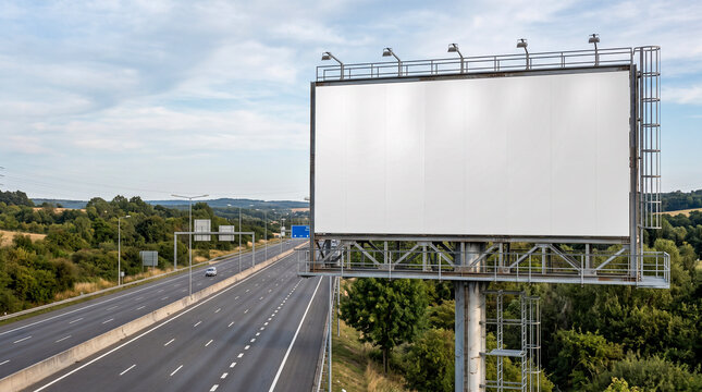 Mockup hiperrealista de un gran cartel publicitario de carretera completamente en blanco, preparado para insertar cualquier dise&ntilde;o o imagen publicitaria.