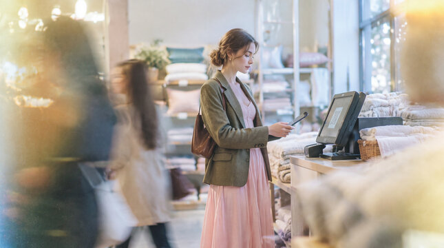 A woman in fashionable clothes in a store uses a smartphone at a self-service checkout among textile products in a bright modern retail space. Using a smartphone at the checkout
