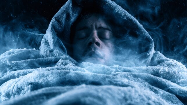 Person experiencing extreme cold and hypothermia wrapped in ice