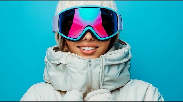 Snowboarder wears vibrant goggles and soft white jacket