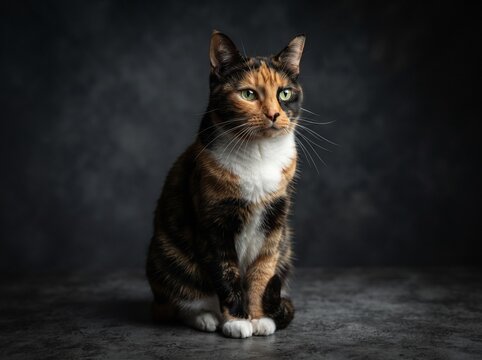 Beautiful calico cat sitting attentively with green eyes against a dark textured studio background   