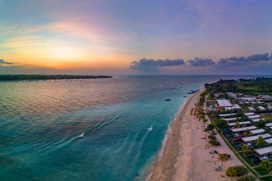 Gili Meno with Gili Trawangan in the background at sunset, Lombok, Indonesia