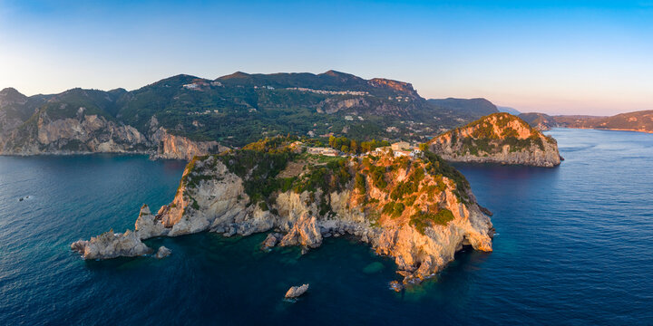Aerial view of rocky headland and coastline at Palaiokastritsa, Corfu, Ionian Islands, Greece