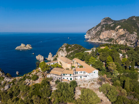 Aerial view of monastery and coastline at Palaiokastritsa, Corfu, Ionian Islands, Greece
