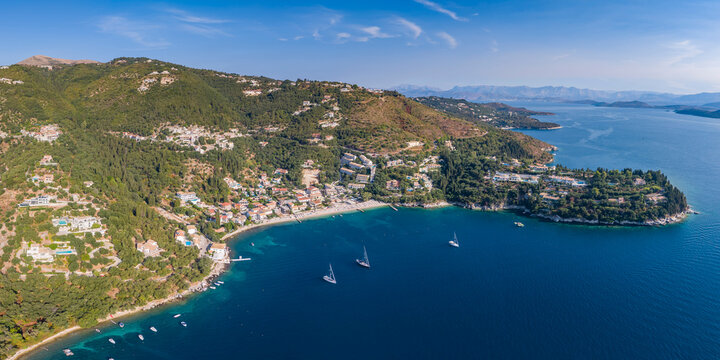 Aerial view of Kalami bay and coastline, Corfu, Ionian Islands, Greece