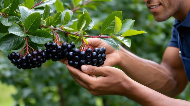 Man harvesting fresh aronia berries from plant