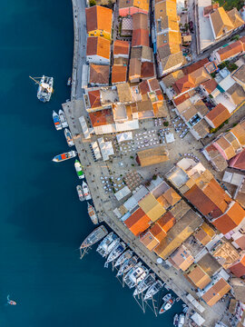 Aerial view of Gaios harbour and town, Paxos, Ionian Islands, Greece