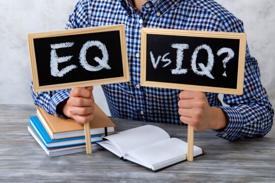 Student comparing emotional intelligence eq versus iq on chalkboards