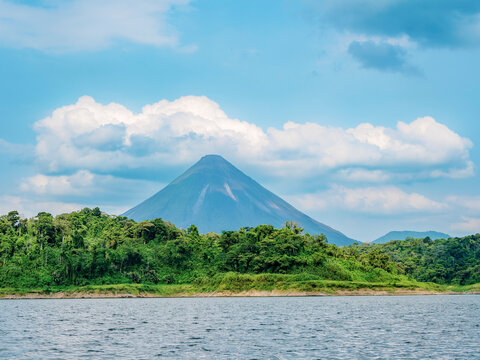 View over Lake Arenal towards Arenal Volcano, La Fortuna, Alajuela Province, Costa Rica