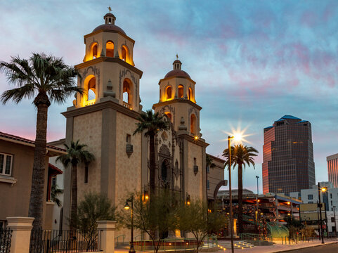Historic Saint Augustine Cathedral at dusk in downtown Tucson, Arizona, USA