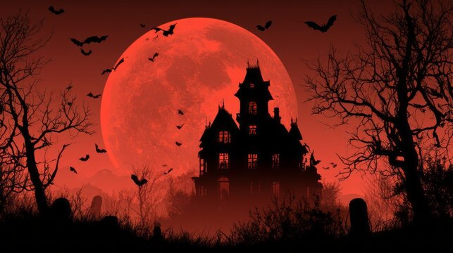 haunted halloween house background with flying bats, eerie dark mansion, mysterious supernatural atmosphere, glowing windows, shadowy surroundings, spooky night scene, horror themed autumn setting, an