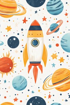 Rocket flying through colorful outer space cosmos illustration