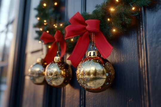 Christmas wreath decorating door with golden ornaments and red bows