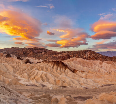 Dramatic sunrise clouds over Zabriskie Point at sunrise in Death Valley National Park, California, USA.