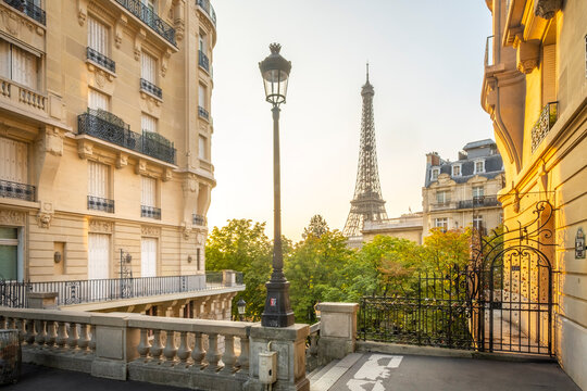Eiffel Tower viewed from Rue de l'Universite, Paris, France