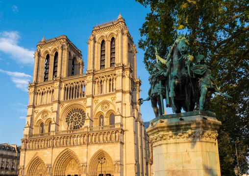 Notre Dame Cathedral with statue of Charlemagne, Paris, France