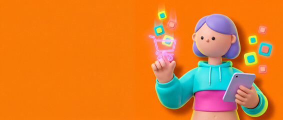 Fototapeta premium 3D illustration of a cartoon woman interacting with a floating shopping cart icon on her smartphone. Orange background with copy space
