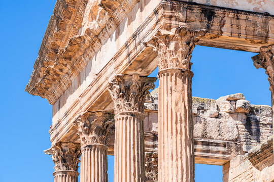 Detail of Corinthian column capitals on the Capitol Temple, Dougga, Beja Governorate, Tunisia