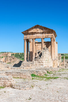 The Capitol Temple and its colonnaded portico at the Roman site of Dougga, Beja Governorate, Tunisia