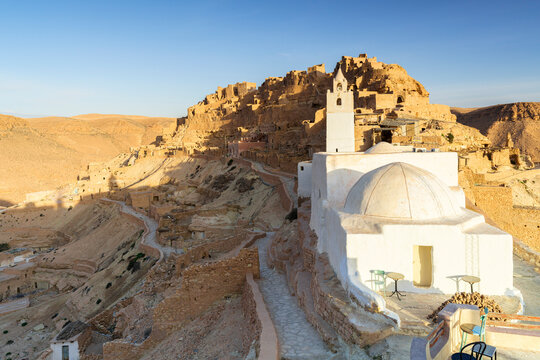 White mosque overlooking the ksar of Chenini, Tataouine, Tunisia