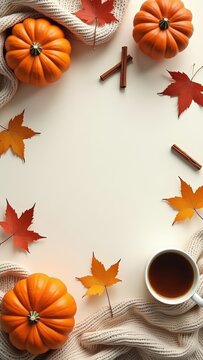 Cozy autumn flat lay with pumpkins, warm knitted blankets, coffee, maple leaves and cinnamon on a light background. Seasonal fall composition with copy space for text, banners and designs