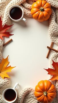 Cozy autumn flat lay with pumpkins, warm knitted blankets, coffee, maple leaves and cinnamon on a light background. Seasonal fall composition with copy space for text, banners and designs