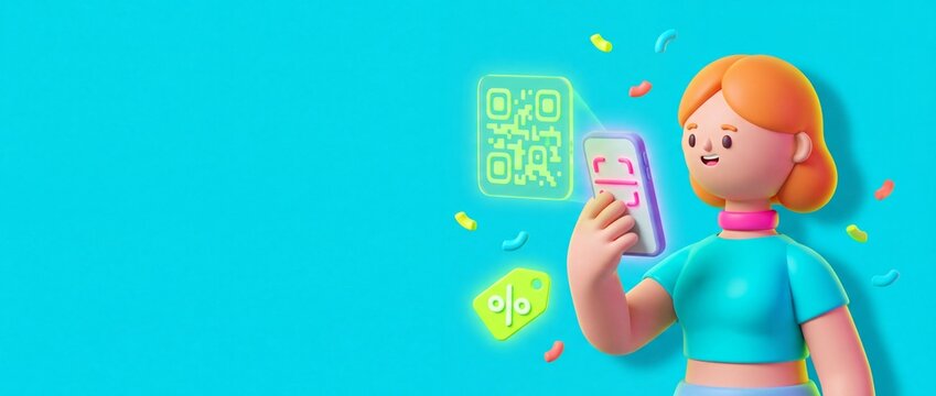 3D illustration of a cartoon woman scanning a QR code with her smartphone for a discount. Cyan background with copy space