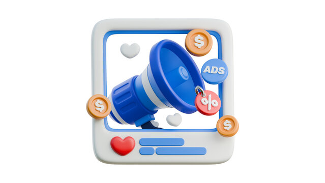 Digital marketing communication action featuring a 3D megaphone icon for business promotion, social media content, and online advertising campaign 42