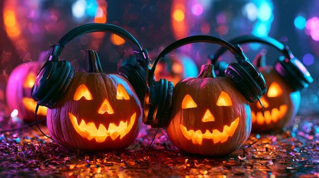 Halloween disco music concept with glowing pumpkins wearing headphones in a vibrant nightclub atmosphere, colorful confetti, festive party decorations, sparkling lights, and defocused abstract bokeh b