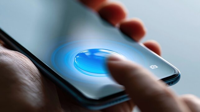 Macro shot of a smartphone screen held in hands, featuring a vivid blue button in the center. A finger swipes away from the button, with a subtle reflection of the user's eye visible on the glass.