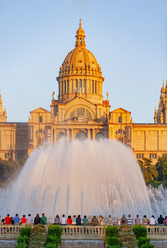 View of the Magic Fountain and Montju&iuml;c National Palace in the distance, Barcelona, Catalonia, Spain
