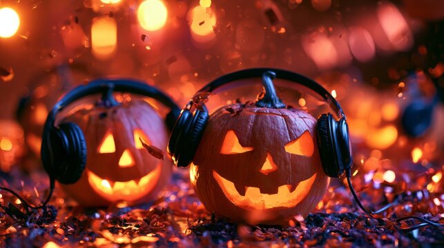 Halloween disco music concept with glowing pumpkins wearing headphones in a vibrant nightclub atmosphere, colorful confetti, festive party decorations, sparkling lights, and defocused abstract bokeh b