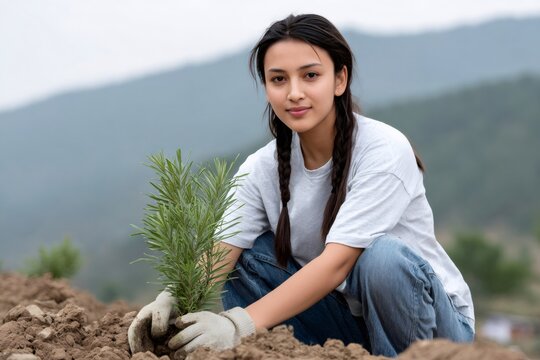 Woman in gloves planting a small tree seedling in rich soil outdoors