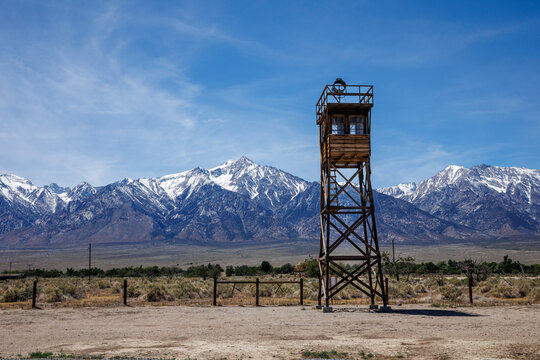 Watch tower at Manzanar National Historic Site and the Alabama Hills, Lone Pine, Eastern Sierra, California, USA