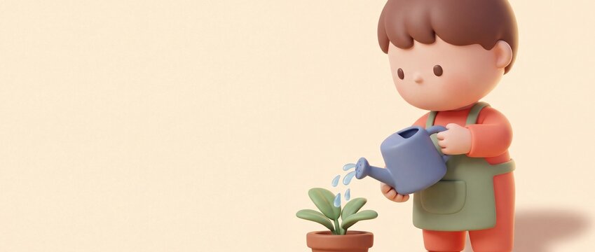 3D render of a cartoon child in an apron watering a small potted plant with a watering can