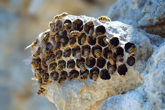 Wasps building nest with honeycomb structure on rock