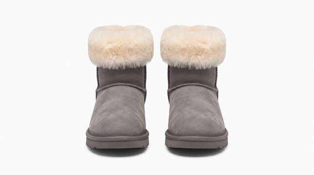 Cozy grey winter boots featuring fluffy white sheepskin cuffs presented together symmetrically against clean bright studio background for retail product photography showcase
