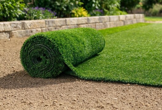 Fresh green grass turf being unrolled over soil during lawn installation, creating an instant lawn for residential landscaping, garden renovation, and outdoor improvement.