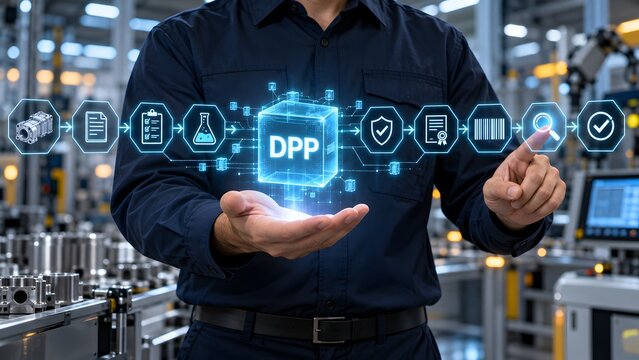 Digital Product Passport DPP verification process workflow showing supply chain compliance and quality control in modern smart factory