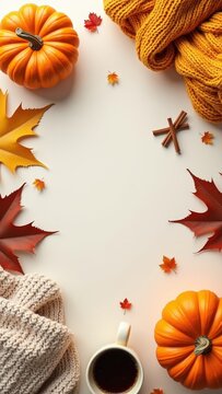 Cozy autumn flat lay with pumpkins, warm knitted blankets, coffee, maple leaves and cinnamon on a light background. Seasonal fall composition with copy space for text, banners and designs