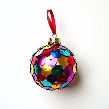 Handmade sequin ball ornament with multicolored sequins and red ribbon hanger on white background for festive holiday decor