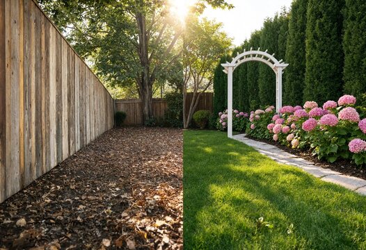 Split view illustrates a dramatic garden transformation, contrasting a messy yard before landscaping with a lush green lawn, flower beds, pathway, and archway afterward.
