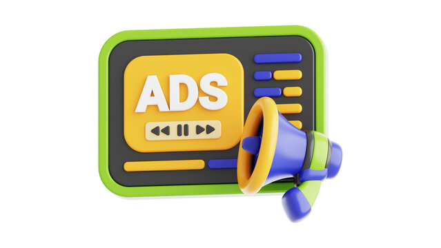 3D Rendered Digital Marketing Concept Featuring a Playable Video Advertisement Interface and a Megaphone Symbol Representing 84 Promotional Campaigns