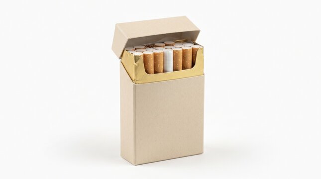 Open cardboard cigarette pack revealing neatly arranged filter cigarettes inside golden foil packaging against a clean isolated white studio background with soft lighting for commercial projects
