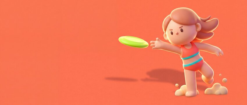 3D render of a cute cartoon girl throwing a frisbee, summer active leisure concept
