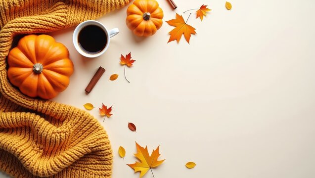 Cozy autumn flat lay with pumpkins, warm knitted blankets, coffee, maple leaves and cinnamon on a light background. Seasonal fall composition with copy space for text, banners and designs