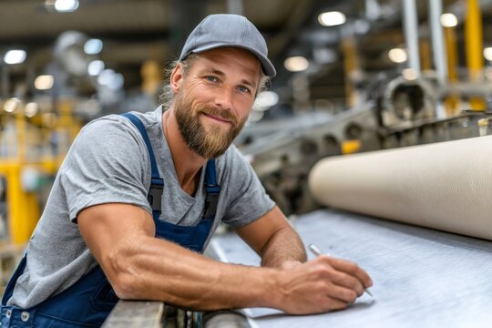 Smiling bearded man working in textile factory